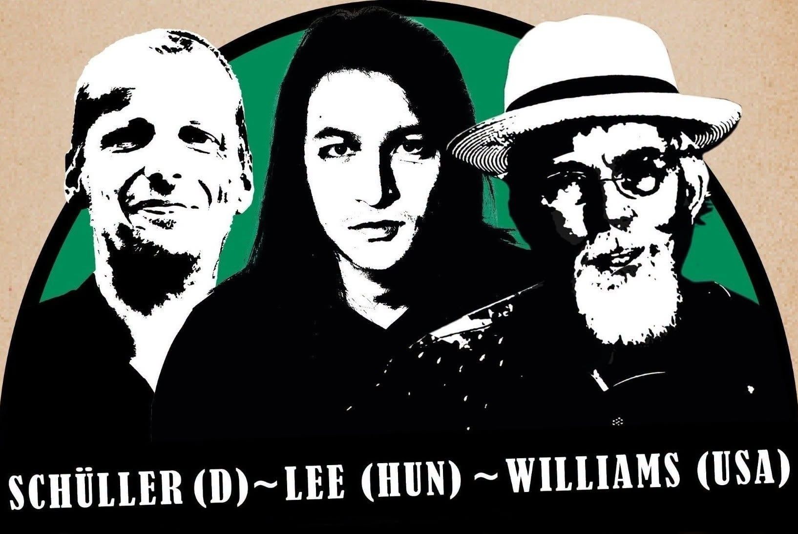 Plakat: Ralph Schüller, Oliver Lee und Bob Williams als Porträts in Schwarz-Weiß vor einem grünen Halbkreis